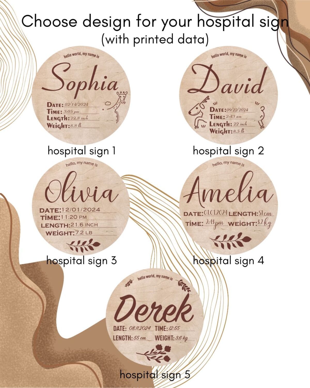 Іменна табличка для новонародженого з вагою, датою і зростом